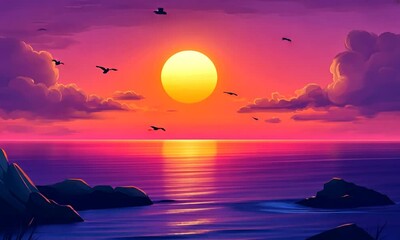 Wall Mural - A vibrant sunset over calm waters, with birds flying and colorful clouds reflecting on the sea.