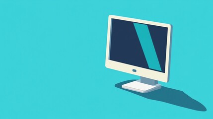 A white computer monitor with a blue screen on a blue background.