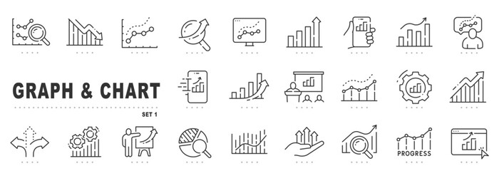 Set of graph and chart related line icons. Diagram, presentation, infographic, datum etc. Editable stroke.
