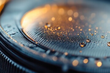 Wall Mural - Close-up of water droplets on a dark, textured surface, illuminated by warm light.