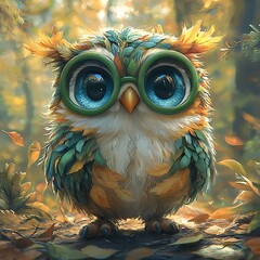 Cute owl perches gracefully wearing big glasses among tall trees picture