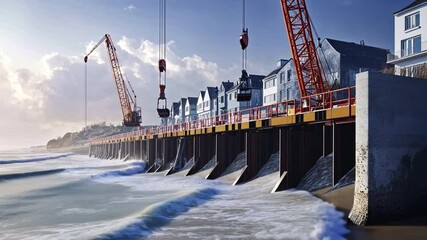 Poster - A panoramic view of a coastal flood defense project, with cranes lifting large steel gates into place, creating a barrier to protect the nearby urban area from storm surges.