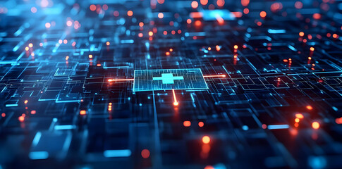 Fototapete - A digital representation of interconnected data with a medical symbol, symbolizing health technology.