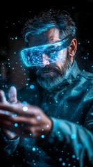 Poster - A man with augmented reality glasses interacts with digital elements in a futuristic setting.