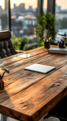Aufkleber - A modern office workspace with a wooden table, laptop, and greenery in a city view.