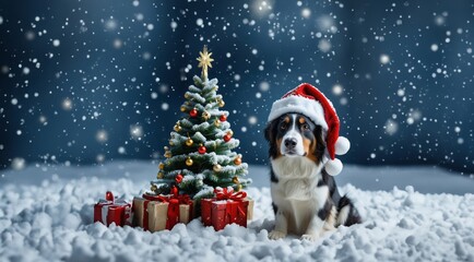 Dog in Santa hat on Night Christmas Background. Dog puppy in red Santa hat with Christmas gift on winter snow greeting card. Puppy dog in Christmas Santa hat near Christmas tree.