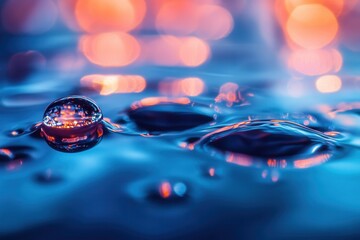 Wall Mural - Water droplet on a dark blue surface with bokeh lights.