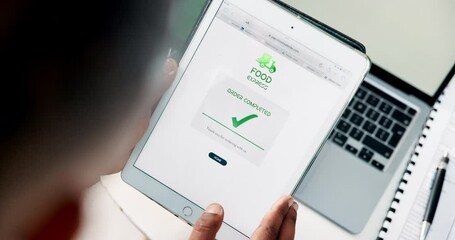 Aufkleber - Hands, tablet screen and mobile app for food delivery, order and ecommerce as customer experience. Person, technology and choice on restaurant menu with online, ux and scroll on website for nutrition