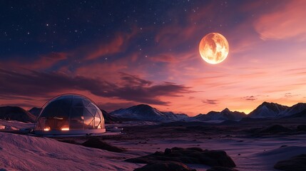 Wall Mural - exploring a futuristic dome habitat under a bright moon at dusk in a serene alien landscape