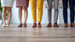 © Wonderful Studio - A group of five individuals stands in a line, showcasing a variety of outfits and shoes against a modern interior backdrop.