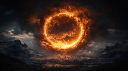 Wall Mural - a fiery orange sun is surrounded by a large crater
