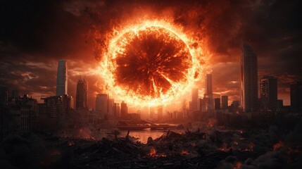 Wall Mural - a large orange sun is in the center of a city with buildings in the background