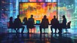 © Saymuna - Silhouetted business team analyzes global data on a large screen in a futuristic setting.