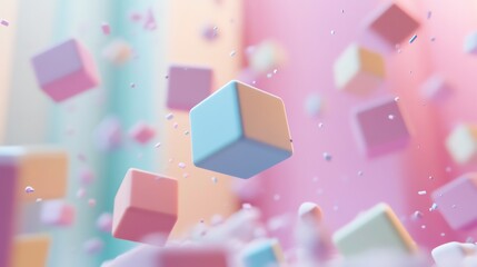 Wall Mural - abstract 3d rendering of pastel colored cubes floating in a light pink, blue, and yellow background.