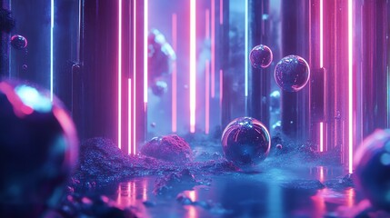 Wall Mural - abstract 3d rendering with glowing neon lights and reflective orbs.