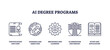 © VectorMine - AI Degree Programs icons depict education themes with code, gears, and books, transparent background. Outline icons set.