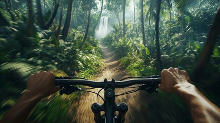 Aufkleber - Riding a bike through a vibrant forest trail, surrounded by lush greenery and sunlight filtering through the trees. In the distance, a waterfall cascades down, adding to the serene atmosphere.