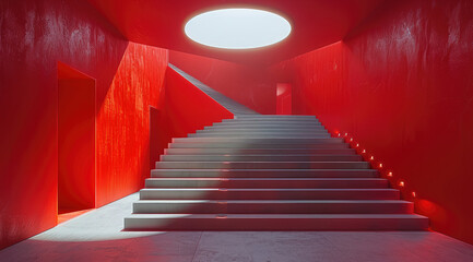Leinwandbilder - Red background, symmetrical composition, a white circular light at the top of the stairs.