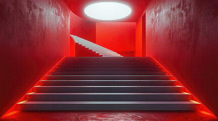 Leinwandbilder - Red background, symmetrical composition, a white circular light at the top of the stairs.