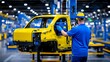 © KN Studio - Assembly Line Precision: A skilled worker meticulously assembles a yellow car body on a modern assembly line, showcasing the precision and craftsmanship of automotive manufacturing.