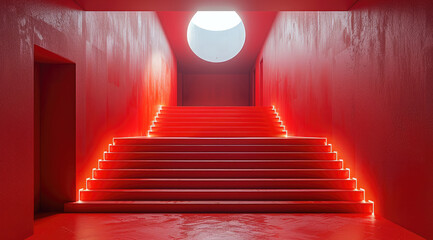 Leinwandbilder - Red background, symmetrical composition, a white circular light at the top of the stairs.