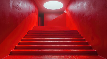 Leinwandbilder - Red background, symmetrical composition, a white circular light at the top of the stairs.