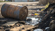 © 11 - Pollution from rusty barrel leaking waste into contaminated area, surrounded by debris and litter. scene highlights environmental degradation and neglect