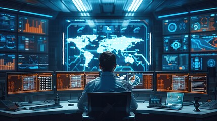 Aufkleber - A modern tech startup creates virtual maps for undersea communication systems. Engineers sit at sleek desks surrounded by digital displays and futuristic technology, work optimize global connectivity.