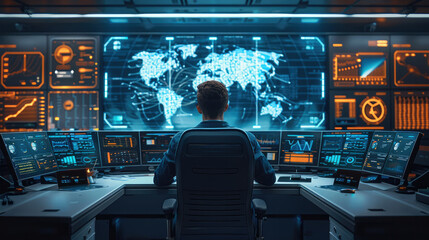 Aufkleber - A modern tech startup creates virtual maps for undersea communication systems. Engineers sit at sleek desks surrounded by digital displays and futuristic technology, work optimize global connectivity.