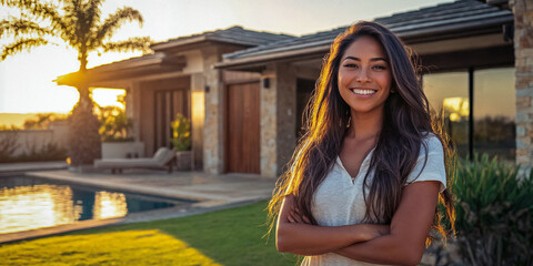 Wall Mural - An Attractive Younger Hispanic Woman Poses in Front of Her Luxury Home