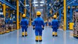 © KN Studio - Industry Workers in Modern Warehouse: A powerful image depicting four industrial workers in blue uniforms and yellow hard hats walking down a long warehouse aisle.