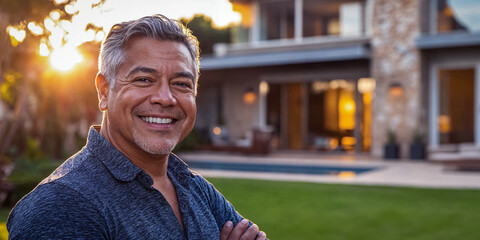 Wall Mural - An Attractive Older Hispanic Man Poses in Front of His Luxury Home