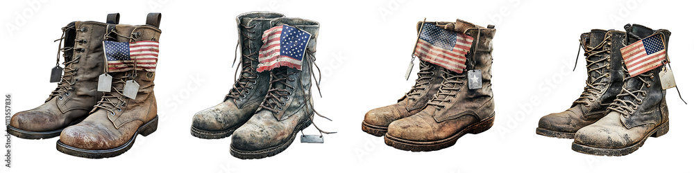 Set of worn combat boots with a flag and dog tags, isolated on a ...