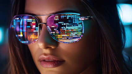 Wall Mural - computer code reflection on woman programmer glasses cyber information digital software hacker encry