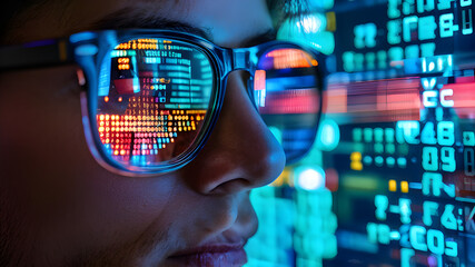 Wall Mural - computer code reflection on tech programmer glasses cyber infromation digital software hacker encryp