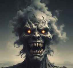 Illustration of devil spooky face in dramatic smoke.