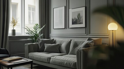 Wall Mural - Modern living room interior design with gray walls creates a stylish atmosphere. A cozy sofa by the window offers comfort and a perfect spot for relaxation, with ample copy space.