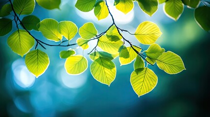 Sticker - Vivid green birch leaves on a branch illuminated by sunlight create a beautiful and serene atmosphere, perfect for adding a touch of nature with space for text.