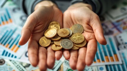 Poster - A close-up of hands holding coins and banknotes, with a background of financial charts and graphs. Include elements like a calculator, credit cards, and a modern office setting.