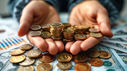 Poster - A close-up of hands holding coins and banknotes, with a background of financial charts and graphs. Include elements like a calculator, credit cards, and a modern office setting.