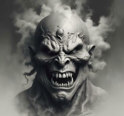 Illustration of devil spooky face in dramatic smoke.