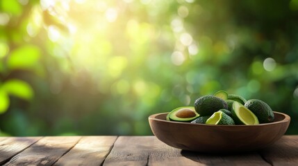 Wall Mural - Fresh avocados in a wooden bowl on a table in a sunny outdoor setting surrounded by greenery