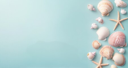 Wall Mural - Collection of seashells and starfish arranged on a light blue background for summer decor