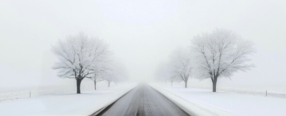 Wall Mural - Winter road through fog and snow creates a serene and quiet atmosphere in rural landscape