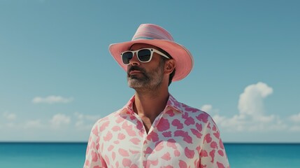 Vibrant man in pink attire enjoying a sunny day at the beach near clear blue waters.