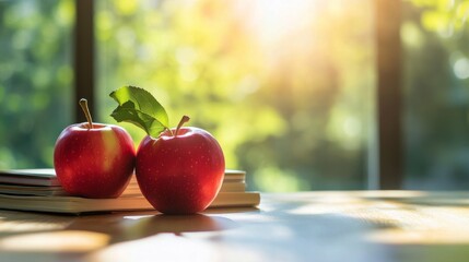 Wall Mural - Freshly picked red apples resting on a wooden table in bright sunlight by the window