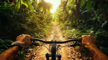 Aufkleber - Riding a bicycle down a narrow dirt path surrounded by lush green foliage, sunlight filters through the leaves, creating a tranquil atmosphere. A feeling of adventure and freedom fills the air.