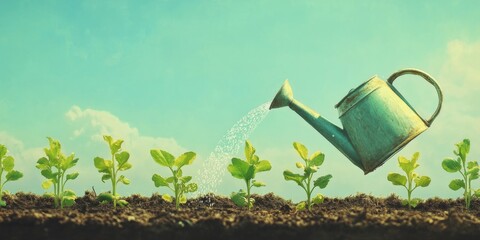 Vintage watering can nurturing young green plants under a bright sky with colorful clouds in a lush garden setting, symbolizing growth and life