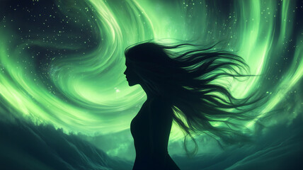 Sticker - Space backdrop, fantasy art. Girl with loose hair against the background of the northern lights, polar lights, Aurora borealis, with stars and wind. Silhouette, illustration