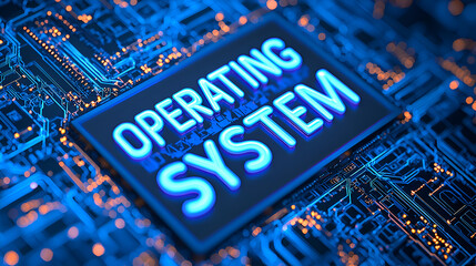 Futuristic Operating System Technology Circuit Board with Blue Lights and Digital Interface Design